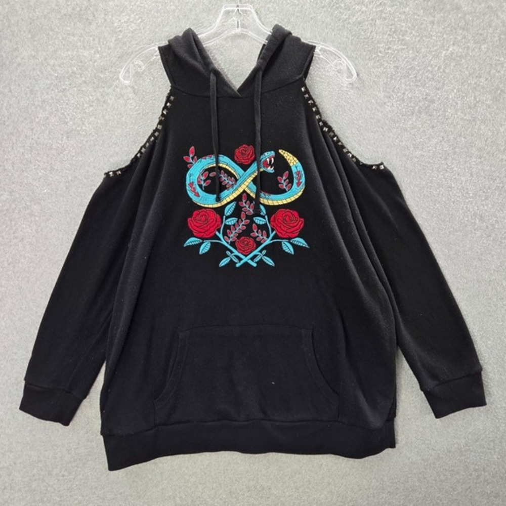 Torrid Women‎ Sweatshirt 2 Black Cold Shoulder Hoodie Snake Rose Embroidered